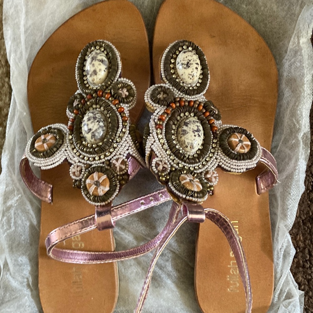 Fullah Sugah #37 pink leather sandals beaded w/ rhinestones. Bought in Greece.